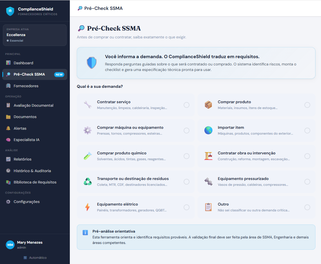 Tela do Pré-Check SSMA no ComplianceShield